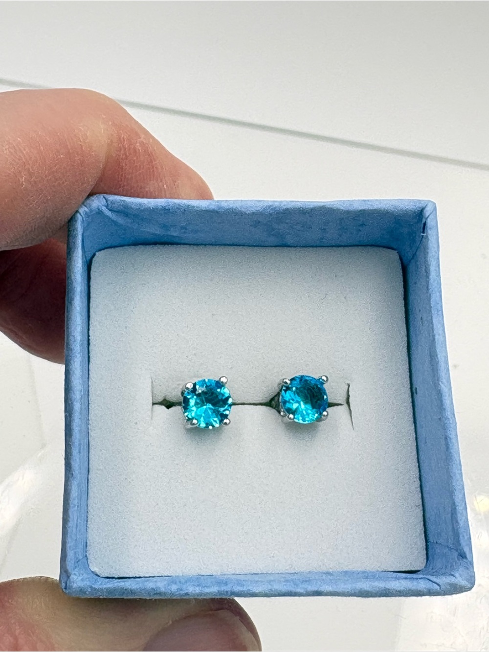 Classic Blue Topaz Round Stud Earrings - Silver Tone - Picture 13 of 16